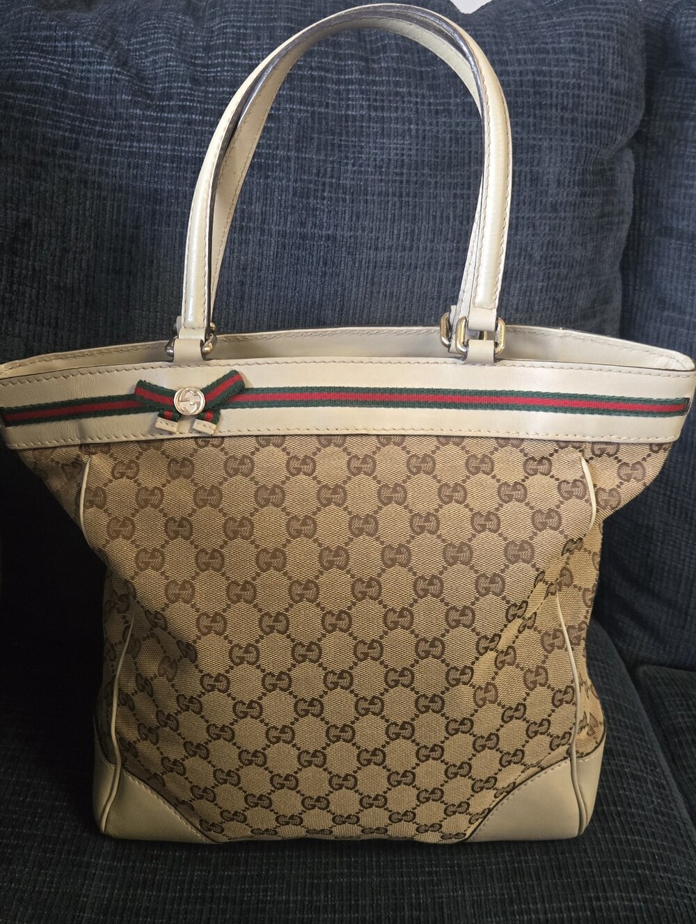 Gucci Tan Monogram Tote with Signature Green-Red Web